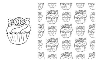 Coloring Cupcake. Set of element and seamless pattern vector