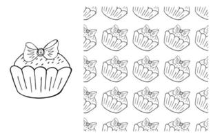 Coloring Cupcake. Set of element and seamless pattern vector