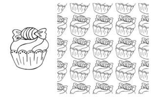 Coloring Cupcake. Set of element and seamless pattern vector