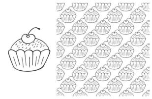 Coloring Cupcake. Set of element and seamless pattern vector