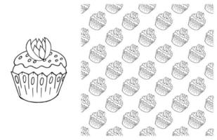 Coloring Cupcake. Set of element and seamless pattern vector