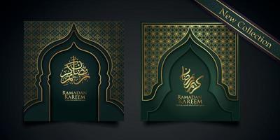 diseño de saludo islámico de fondo de ramadán con puerta de mezquita con adorno floral y caligrafía árabe vector