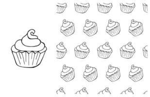 Coloring Cupcake. Set of element and seamless pattern vector