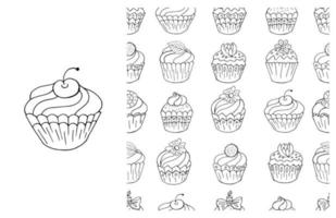 Coloring Cupcake. Set of element and seamless pattern vector