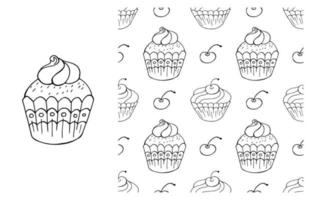 Coloring Cupcake. Set of element and seamless pattern vector