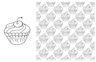 Coloring Cupcake. Set of element and seamless pattern vector