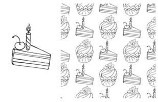 Coloring Cupcake. Set of element and seamless pattern vector