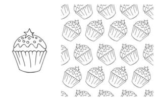 Coloring Cupcake. Set of element and seamless pattern vector