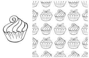 Coloring Cupcake. Set of element and seamless pattern vector