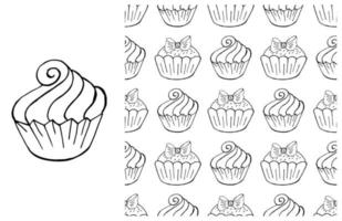 Coloring Cupcake. Set of element and seamless pattern vector