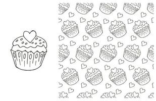 Coloring Cupcake. Set of element and seamless pattern vector