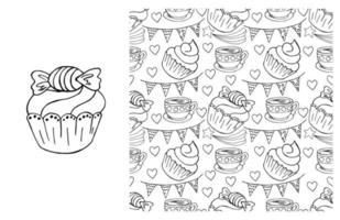 Coloring Cupcake. Set of element and seamless pattern vector