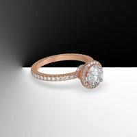 anillo de compromiso de halo de oro con piedra central redonda y diamantes laterales en el vástago 3d renderizado
