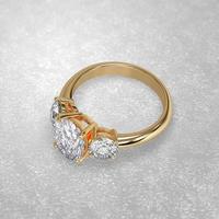 three stone engagement ring laying down position in metal gold 3D render photo