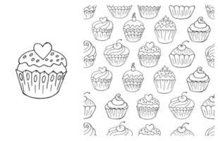 Coloring Cupcake. Set of element and seamless pattern vector