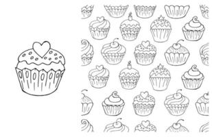 Coloring Cupcake. Set of element and seamless pattern vector