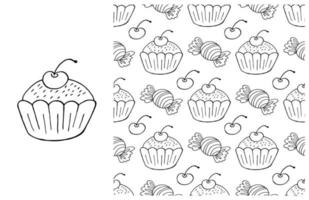 Coloring Cupcake. Set of element and seamless pattern vector