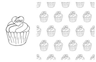 Coloring Cupcake. Set of element and seamless pattern vector