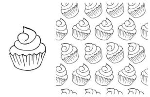 Coloring Cupcake. Set of element and seamless pattern vector