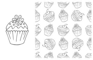 Coloring Cupcake. Set of element and seamless pattern vector