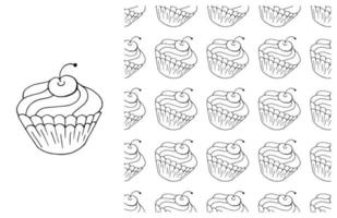 Coloring Cupcake. Set of element and seamless pattern vector