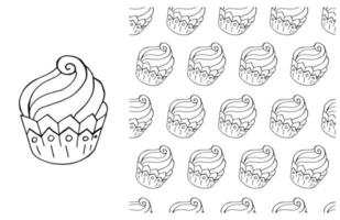 Coloring Cupcake. Set of element and seamless pattern vector