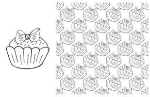 Coloring Cupcake. Set of element and seamless pattern vector