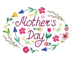 Inscription Mother's Day. Vector lettering decorated with leaves, flowers, muscari, peonies, willow, hearts. Festive clipart for T-shirts, posters, postcards