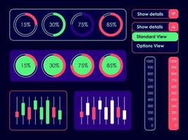 Investment analysis UI elements kit. Buying and selling isolated vector dashboard components. Flat interface buttons template. Web design widget collection for mobile application with dark theme