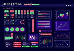 kit de elementos de la interfaz de usuario de insights de rendimiento de ventas. componentes de panel de control de vector aislado de comercio. plantilla de botones de interfaz plana. colección de widgets de diseño web para aplicaciones móviles con tema oscuro