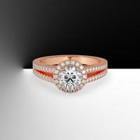 rose gold halo engagement ring with round center stone and split shank 3d render photo