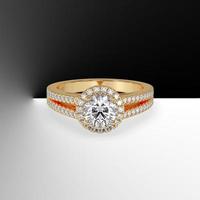 yellow gold halo engagement ring with round center stone and split shank 3d render photo