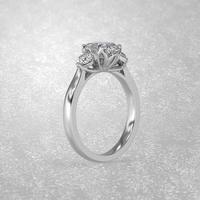 three stone engagement ring standing position in metal gold 3D render photo