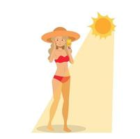 concepto de cuidado de la piel.protector solar.feliz mujer sonriente con traje de baño y sombrero sosteniendo una botella de bloqueador solar protector solar.ilustración de personaje de dibujos animados de vector plano