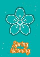 Springtime is coming postcard with linear glyph icon. Seasonal regrowth. Greeting card with decorative vector design. Simple style poster with creative lineart illustration. Flyer with holiday wish