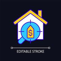 House searching services RGB color icon for dark theme. Help to find dwelling. Rent apartment, home. Real estate. Simple filled line drawing on night mode background. Editable stroke. Arial font used vector