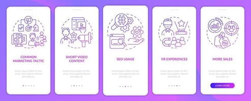 Current marketing trends purple gradient onboarding mobile app screen. Walkthrough 5 steps graphic instructions pages with linear concepts. UI, UX, GUI template. Myriad Pro-Bold, Regular fonts used vector