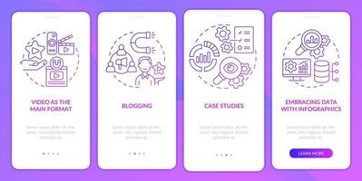 Content marketing trends purple gradient onboarding mobile app screen. Walkthrough 4 steps graphic instructions pages with linear concepts. UI, UX, GUI template. Myriad Pro-Bold, Regular fonts used vector