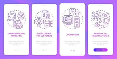 Modern marketing trends purple gradient onboarding mobile app screen. Walkthrough 4 steps graphic instructions pages with linear concepts. UI, UX, GUI template. Myriad Pro-Bold, Regular fonts used vector