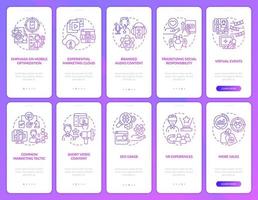 Marketing trends purple gradient onboarding mobile app screen set. Ads walkthrough 5 steps graphic instructions pages with linear concepts. UI, UX, GUI template. Myriad Pro-Bold, Regular fonts used vector