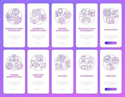 Marketing trends purple gradient onboarding mobile app screen set. Ads walkthrough 5 steps graphic instructions pages with linear concepts. UI, UX, GUI template. Myriad Pro-Bold, Regular fonts used vector