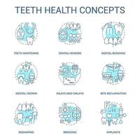 Teeth health turquoise concept icons set. Regular dental visit idea thin line color illustrations. Implants installment. Isolated symbols. Editable stroke. Roboto-Medium, Myriad Pro-Bold fonts used vector
