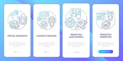 Usage of AI in marketing blue gradient onboarding mobile app screen. Walkthrough 4 steps graphic instructions pages with linear concepts. UI, UX, GUI template. Myriad Pro-Bold, Regular fonts used vector