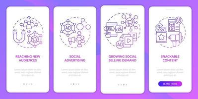 SMM marketing trends purple gradient onboarding mobile app screen. Ads walkthrough 4 steps graphic instructions pages with linear concepts. UI, UX, GUI template. Myriad Pro-Bold, Regular fonts used vector