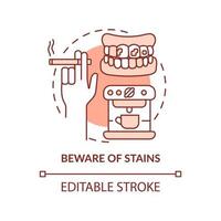 Beware of stains terracotta concept icon. Care of veneers abstract idea thin line illustration. Avoid tooth decay risk. Isolated outline drawing. Editable stroke. Arial, Myriad Pro-Bold fonts used vector