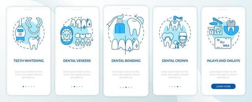 Aesthetic dentistry types blue onboarding mobile app screen. Veneers walkthrough 5 steps graphic instructions pages with linear concepts. UI, UX, GUI template. Myriad Pro-Bold, Regular fonts used vector