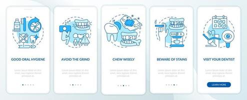 Dental veneers aftercare blue onboarding mobile app screen. Chew wisely walkthrough 5 steps graphic instructions pages with linear concepts. UI, UX, GUI template. Myriad Pro-Bold, Regular fonts used vector