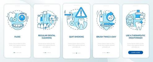 Periodontal disease prevention blue onboarding mobile app screen. Walkthrough 5 steps graphic instructions pages with linear concepts. UI, UX, GUI template. Myriad Pro-Bold, Regular fonts used vector