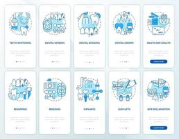 Oral medicine blue onboarding mobile app screen set. Dental restoration walkthrough 5 steps graphic instructions pages with linear concepts. UI, UX, GUI template. Myriad Pro-Bold, Regular fonts used vector