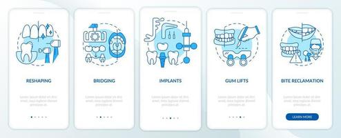 procedimientos de mejora cosmética pantalla azul de la aplicación móvil de incorporación. tutorial 5 pasos páginas de instrucciones gráficas con conceptos lineales. interfaz de usuario, ux, plantilla de interfaz gráfica de usuario. innumerables fuentes pro-negrita y regulares utilizadas vector